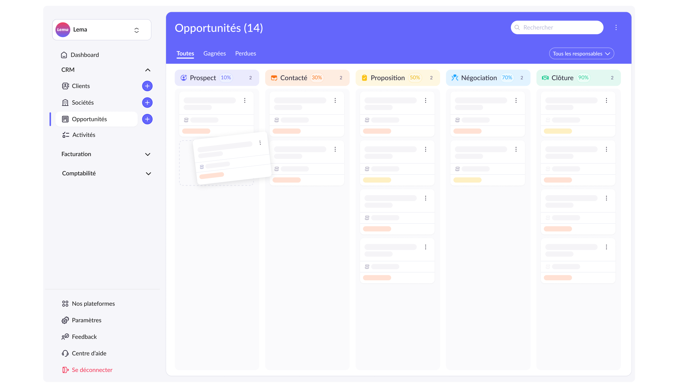 Interface d'un CRM avec un tableau Kanban pour la gestion des opportunités, affichant différentes étapes comme Prospect, Contacté, Proposition, Négociation et Clôture.