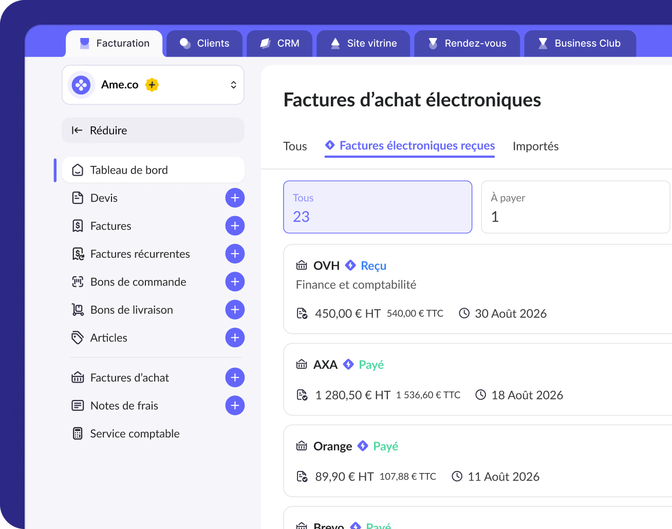 Factures d’achat électroniques reçues dans Facture.net