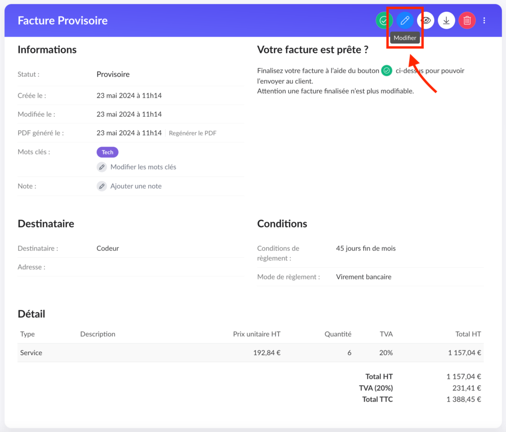 modification d'une facture provisoire sur Facture.net