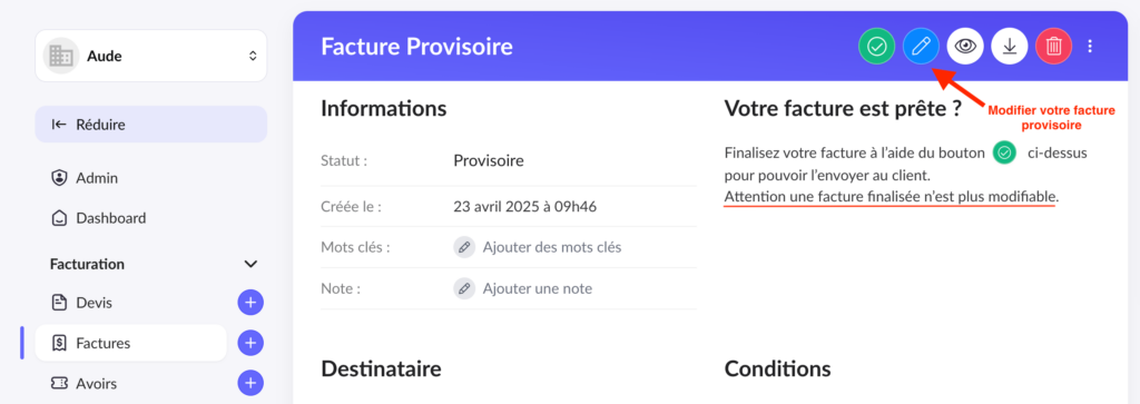 modifier une facture