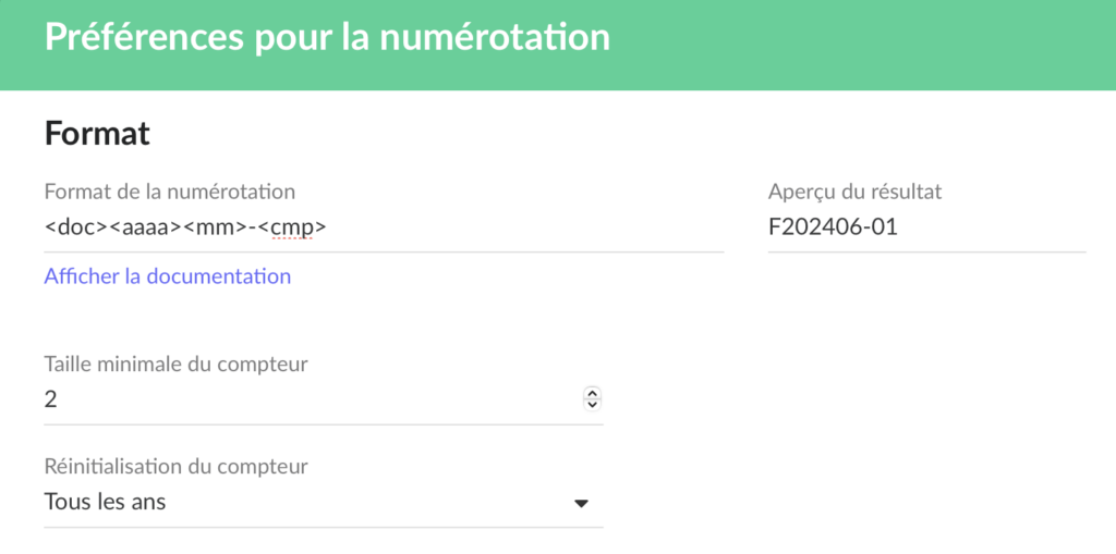 Préférences pour la numérotation des factures sur Facture.net