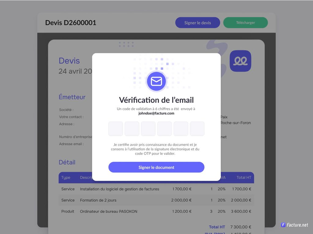 code de sécurité signature de devis